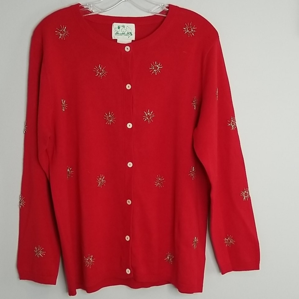 Vintage Quacker Factory red snowflakes cardigan sweater embellished beaded
